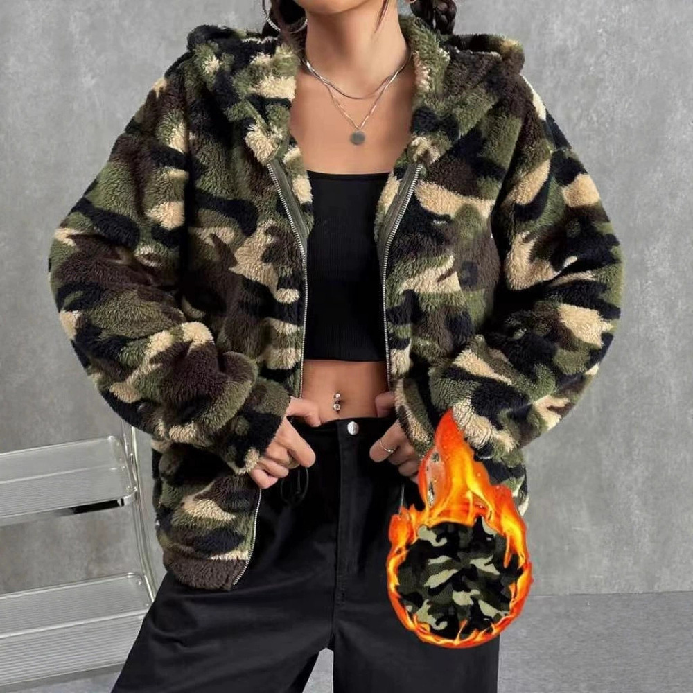 Forever 21 Reversible Camo Fleece Hooded Zip Cardigan Casual Fall Winter Jacket